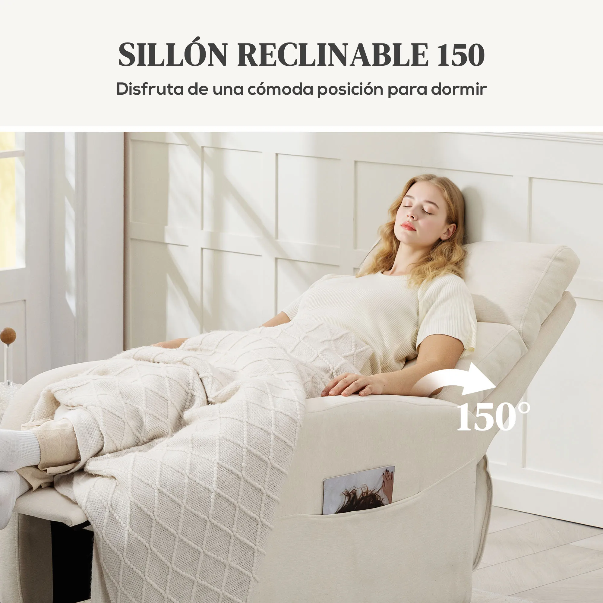 HOMCOM Sillón Relax Reclinable Manual Sillón Relax Tapizado en Lino Sintético con Reposapiés y Bolsillo Lateral Carga 135 kg Sillón Reclinable para Dormitorio Oficina Crema - imagen 4