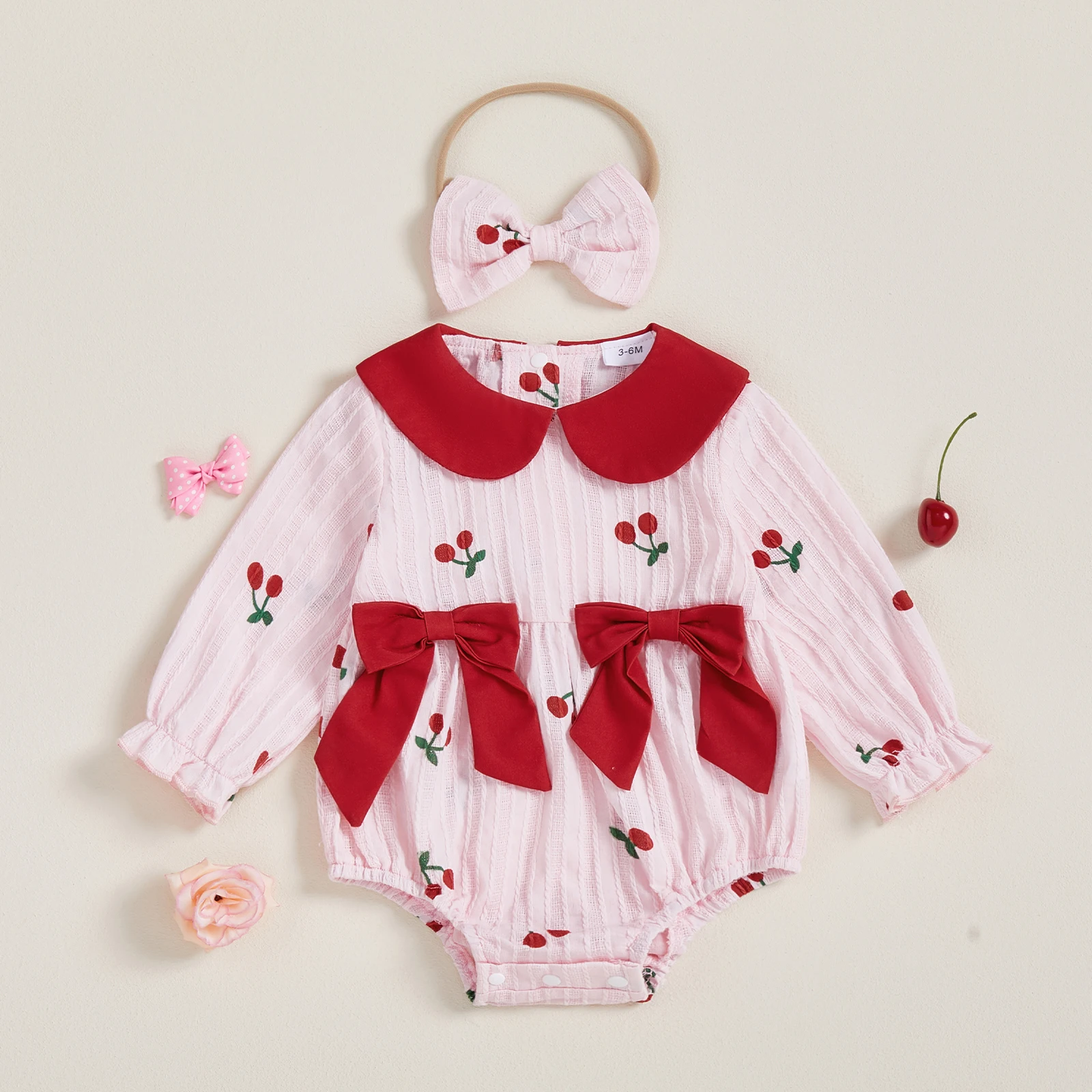 Conjunto de 2 piezas de traje de otoño para niña con cuello de muñeca de fresa/cereza/corazón, mameluco de manga larga, diadema con lazo - imagen 3