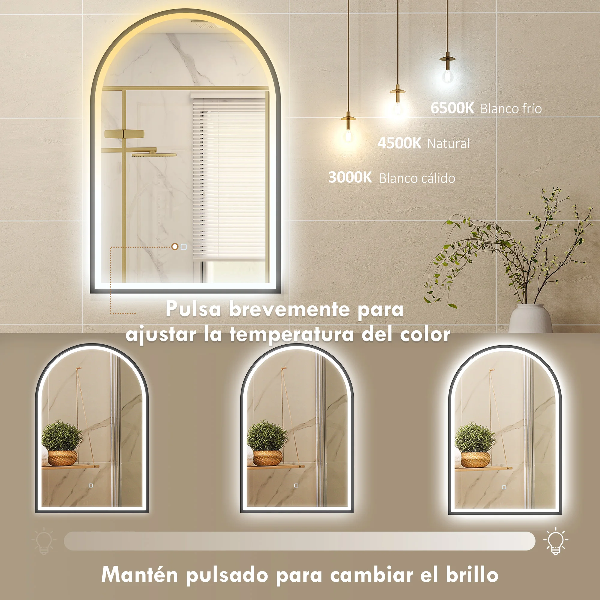 HOMCOM Espejo de Baño con Luz, 60x90 cm, Espejo de Pared Arqueado, 3 Colores de Luz, Brillo Regulable, Función Antivaho, Memoria, Interruptor Táctil, Marco de Aluminio, IP44, Negro - imagen 5