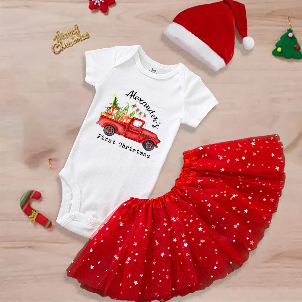 Body de bebé de Navidad personalizado, vestidos de pastel con nombre personalizado, mono de manga larga para niñas, faldas tutú, trajes de fiesta de Navidad para niños pequeños - imagen 4