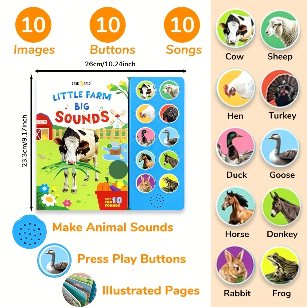 Libro de sonido interactivo para niños con 10 ruidos de granja, figuras de animales de granja ruidosos, juguetes educativos para niños pequeños, regalo - imagen 2