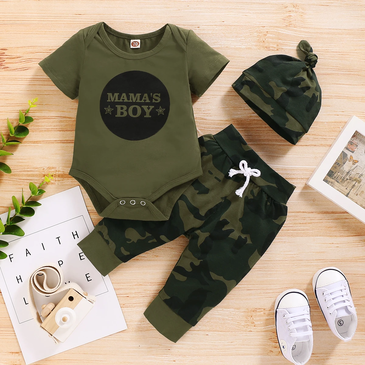 Conjunto de ropa para bebé recién nacido de 0 a 18 meses, mono de manga corta con estampado de letras, pantalones de camuflaje y sombrero, trajes de verano para niño pequeño de 3 uds. - imagen 3
