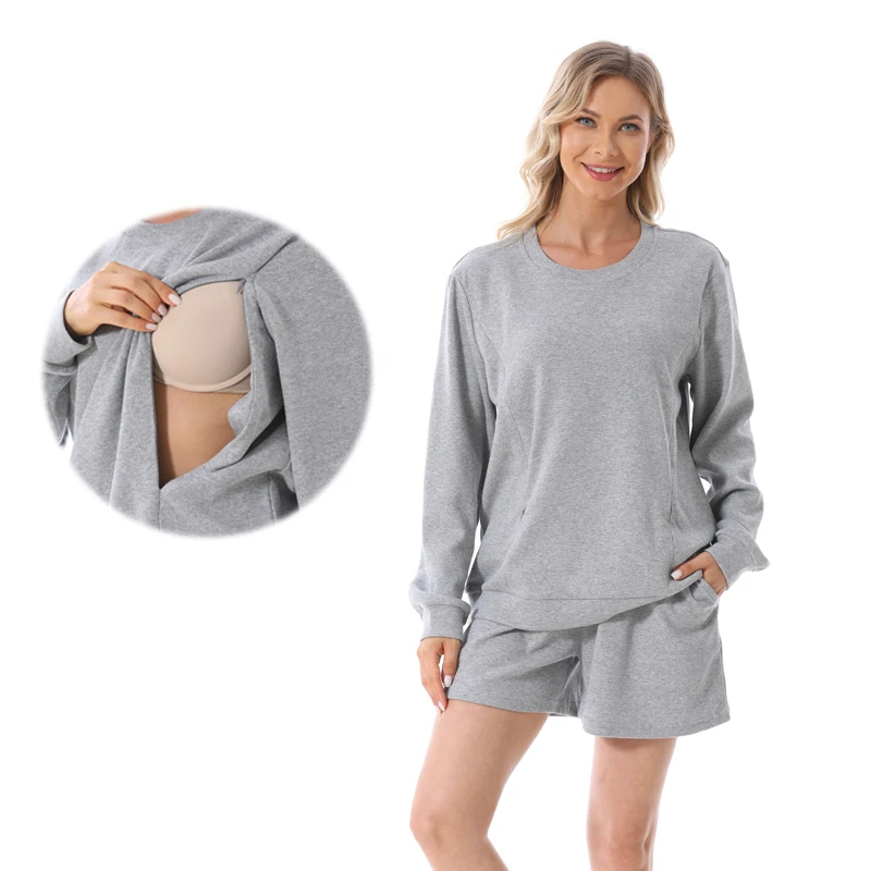 Ropa de maternidad de talla grande, trajes para mujeres embarazadas, conjunto de sudadera y pantalones cortos, blusa y pantalones cortos holgados para amamantar para primavera y otoño