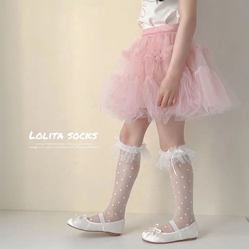 Calcetines Lolita para niñas, calcetines hasta la rodilla de verano con adorno de encaje, medias con patrón de puntos blancos y negros, calcetines bonitos de princesa para piernas de bebé para niños - imagen 3