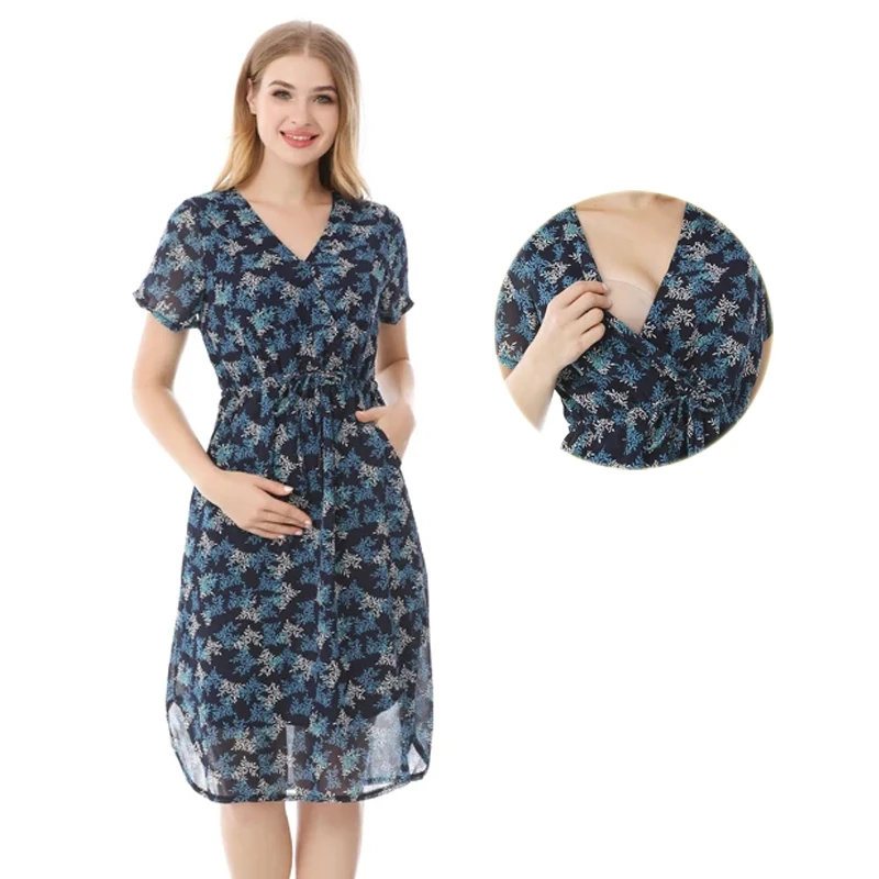 Ropa de maternidad de verano para mujeres embarazadas, vestido de lactancia, ropa de lactancia de gasa fresca, vestido informal con cintura ajustable