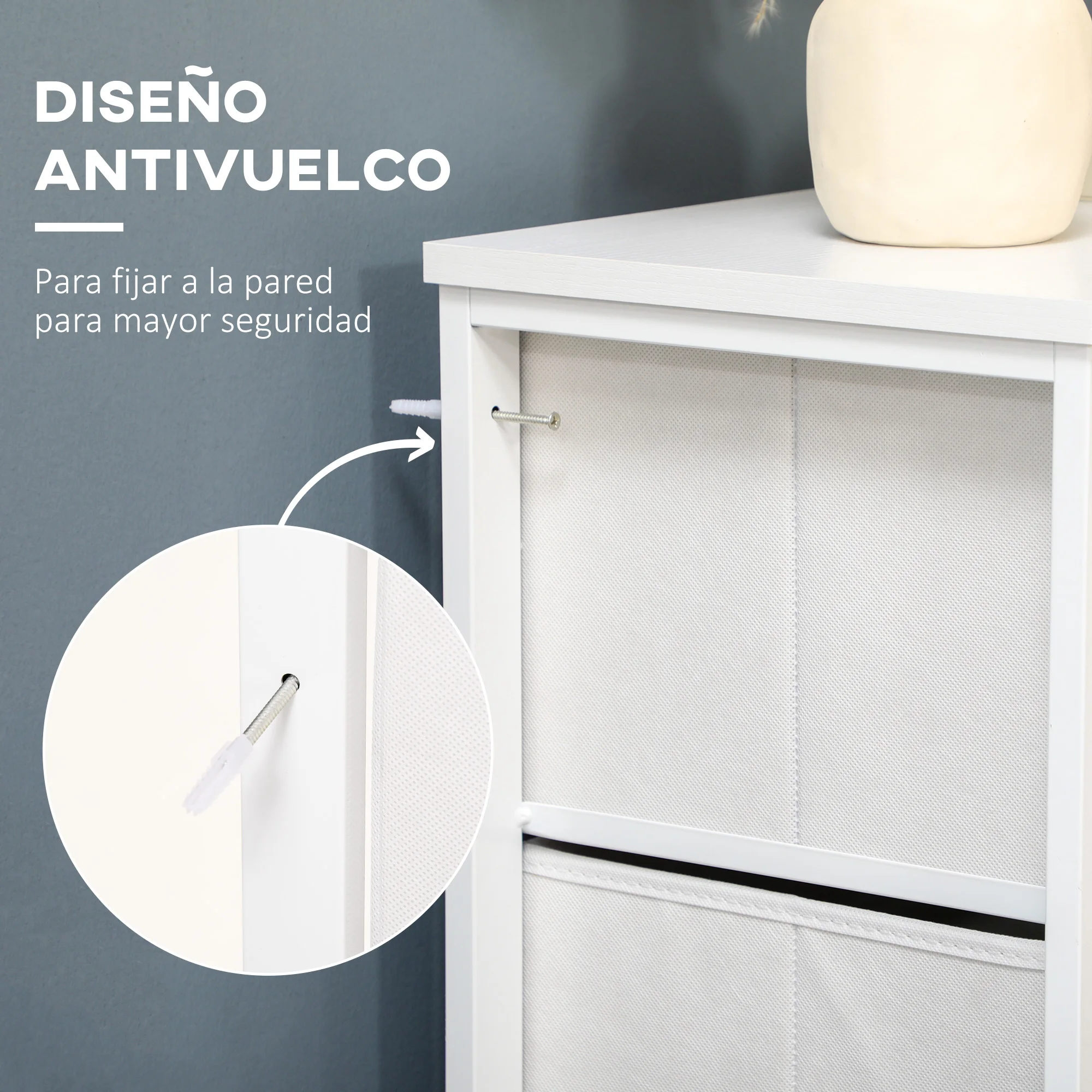 HOMCOM Cómoda de Dormitorio Cajonera de Estilo Bohemio con 4 Cajones de Tela Plegable Superficie de Ratán PE y Marco de Acero para Entrada Salón Pasillo Blanco - imagen 4