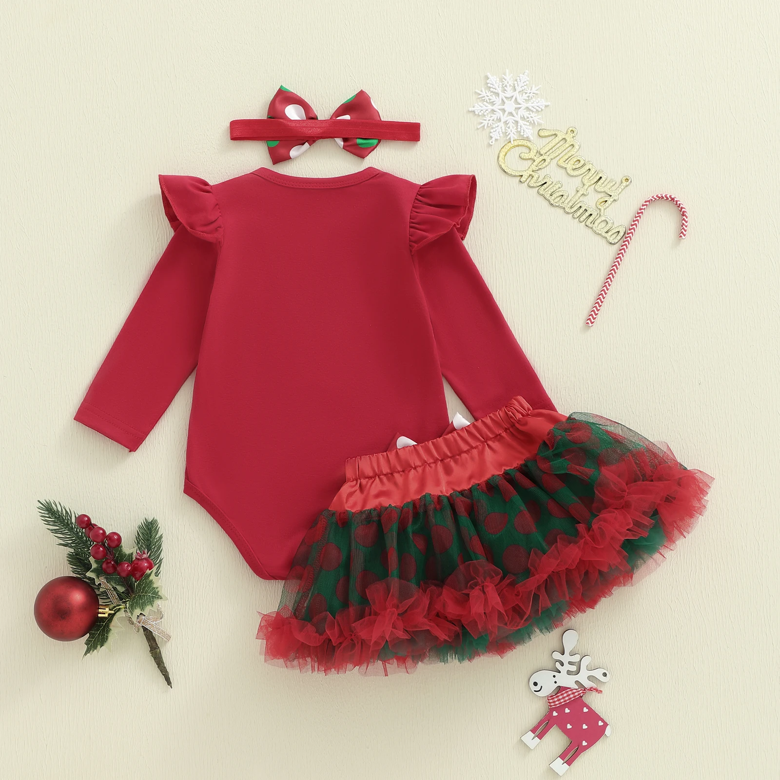 Tregren conjunto Navidad bebé mameluco letras falda tul y diadema - imagen 2
