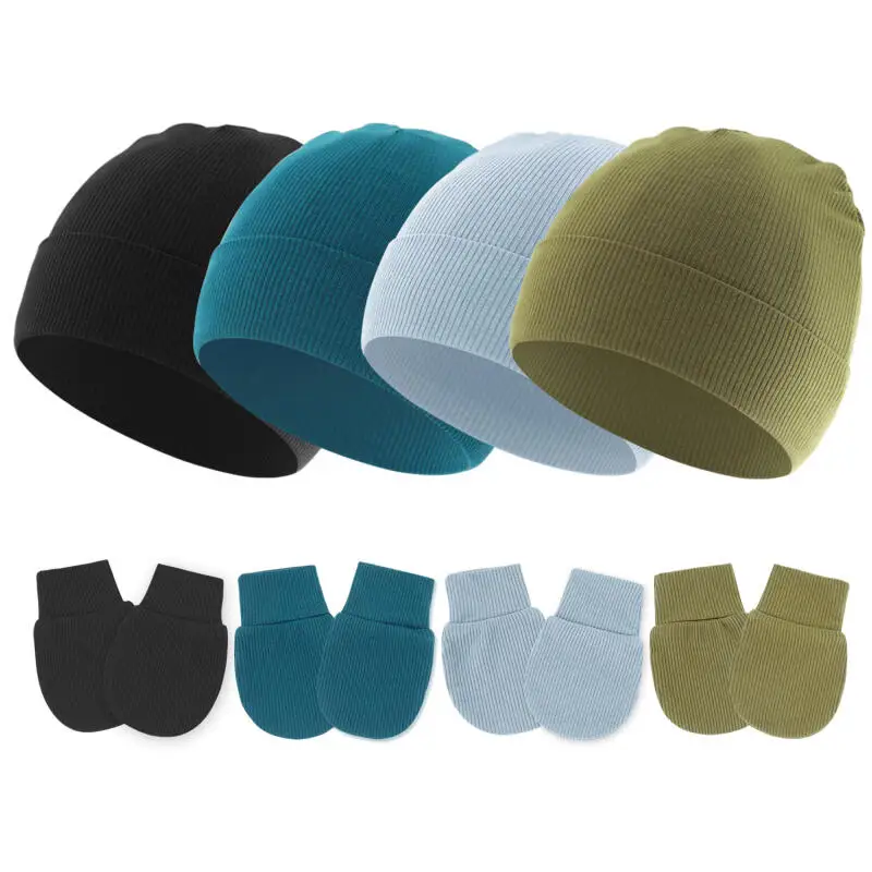 4 juegos por lote, gorro para bebé recién nacido, guantes, gorros tejidos de Color sólido para niños y niñas, gorro suave, accesorios para bebés de primavera, regalo de ducha infantil