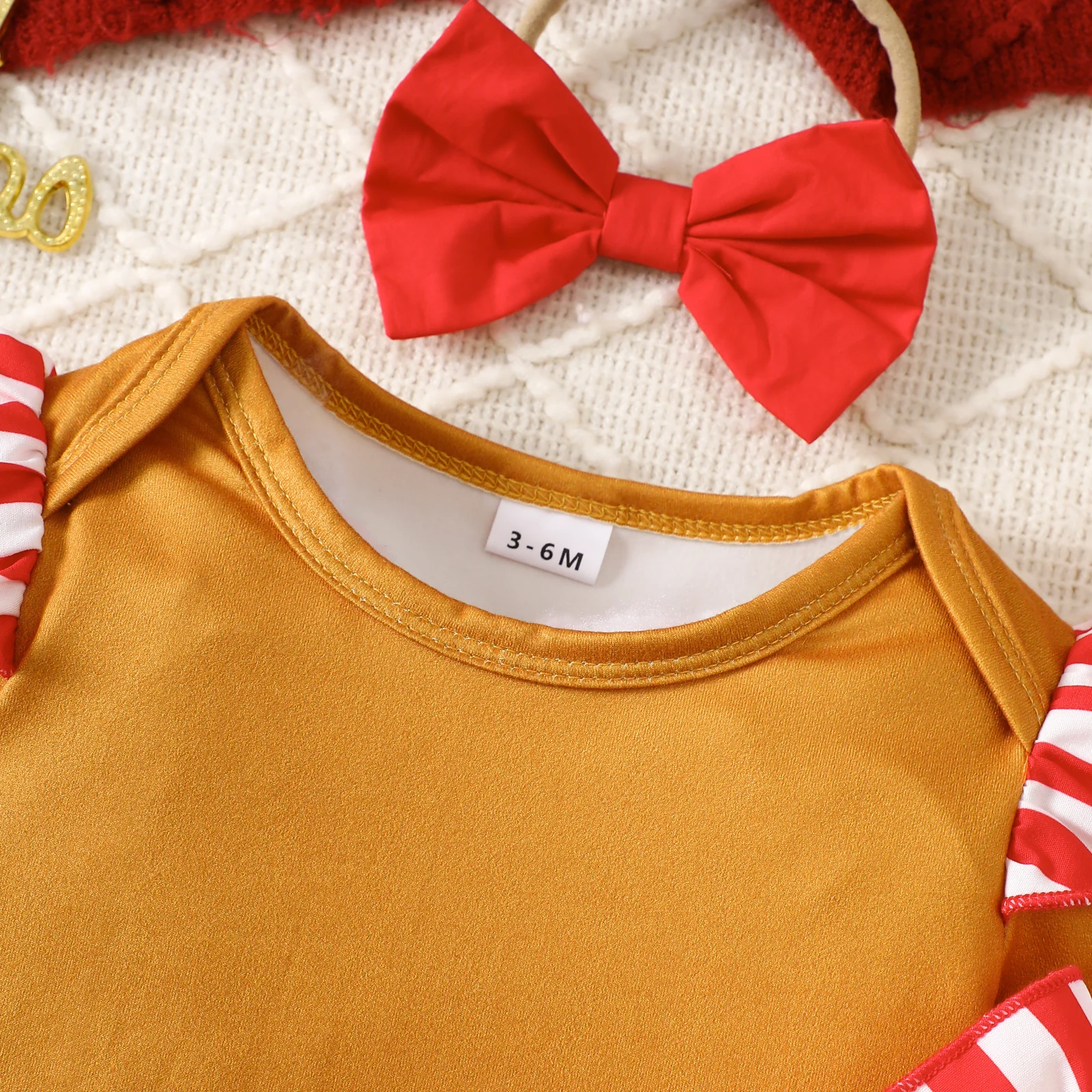 Conjunto de pan de jengibre para niña de 0 a 18 meses, pelele de manga larga con volantes, vestido general con mangas voladoras, diadema con lazo, conjunto de Navidad de 3 uds. - imagen 4