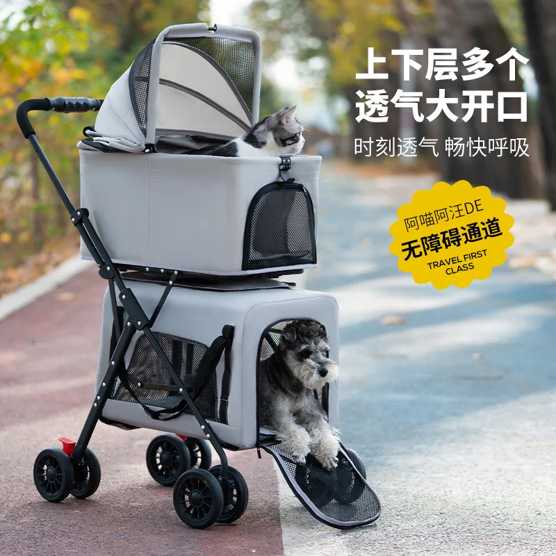 Carro para mascotas pequeño y mediano de doble capa, carrito separado para perros y gatos, cochecitos para mascotas de capas superiores e inferiores ligeros para exteriores - imagen 3