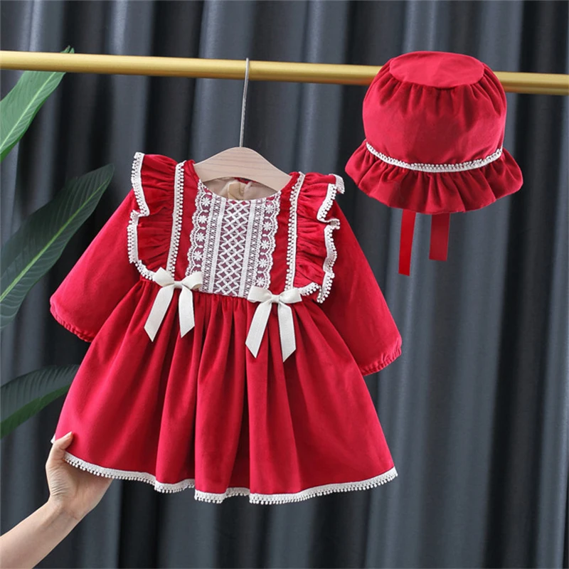 Vestidos de invierno de 2 piezas para niñas recién nacidas, ropa de lana cálida, manga larga, vestido de princesa roja + sombrero, ropa para niños, BC619 - imagen 2