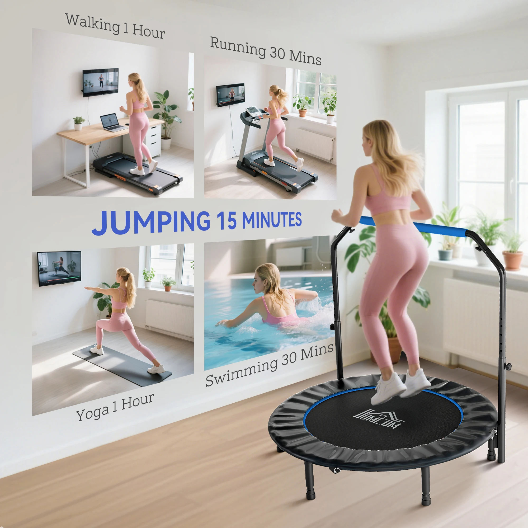 HOMCOM Trampolín de Fitness Adultos Ø122 cm, Cama Elástica Plegable con Mango Ajustable de 4 Niveles, Marco de Acero, para Entrenamiento Piernas, Cuerpo en Hogar, Oficina, Gimnasio, Negro y Azul - imagen 3