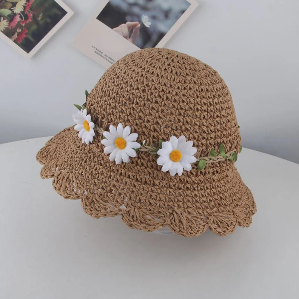 Sombrero de paja para el sol para niños, 48cm, protección solar de ala ancha para playa de verano, flores de loto decoradas, sombrero de playa de verano ligero y transpirable - imagen 4