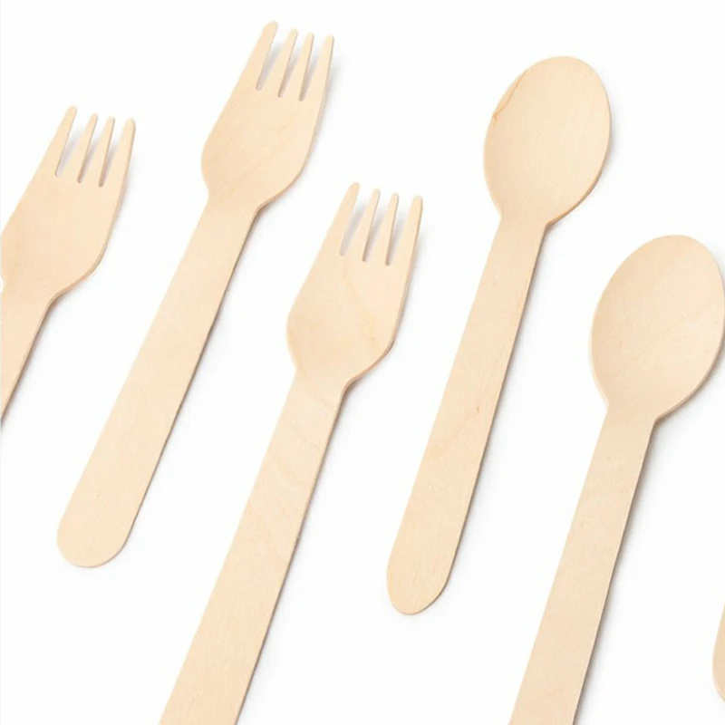 100/200 Uds. Tenedor y cuchara de madera desechables, vajilla para fiestas, adecuada para fiestas, banquetes de acampada, bodas, Picnics TMZ