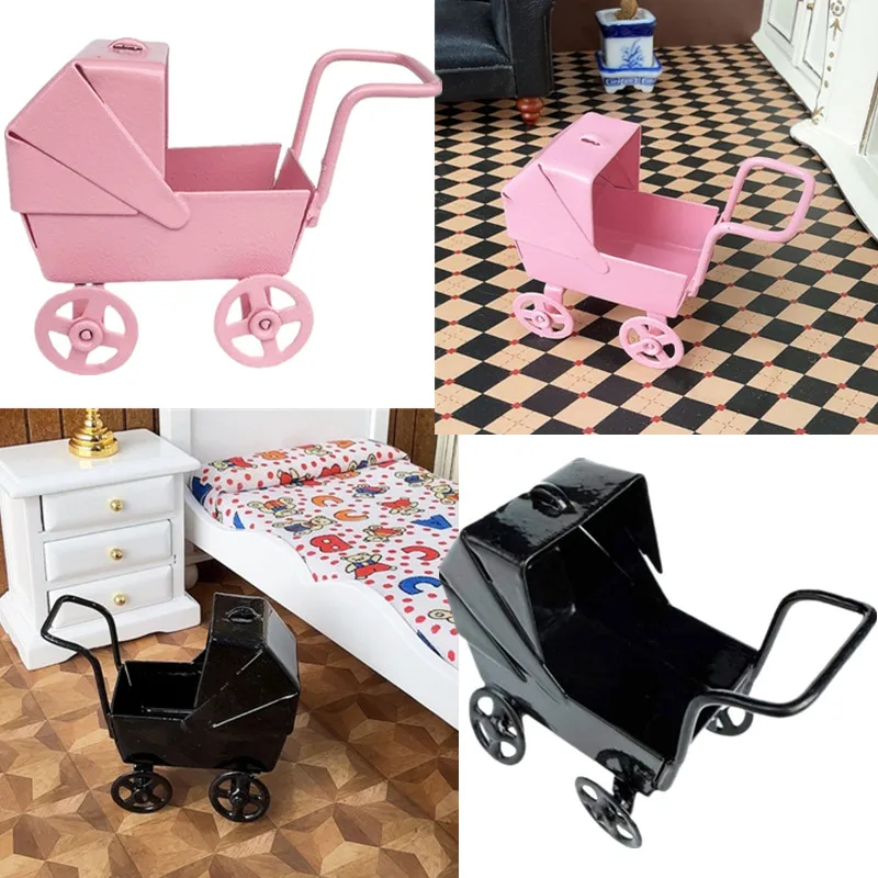 Nuevo Mini cochecito de hierro rosa para casa de muñecas a escala 1/12, modelo bonito, cochecito de muñecas en miniatura, juguetes, Mini casa, rueda pequeña, modelo de carretilla, decoración - imagen 3