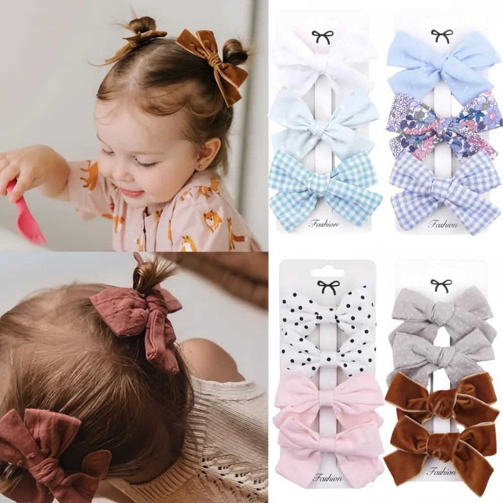 3/4Pcs Set Leopard Dot Print Bowknot Hair Bow Clips Baby Girls Lace Cotton Linen Barrettes Safety Hairpins Headwear Accessories