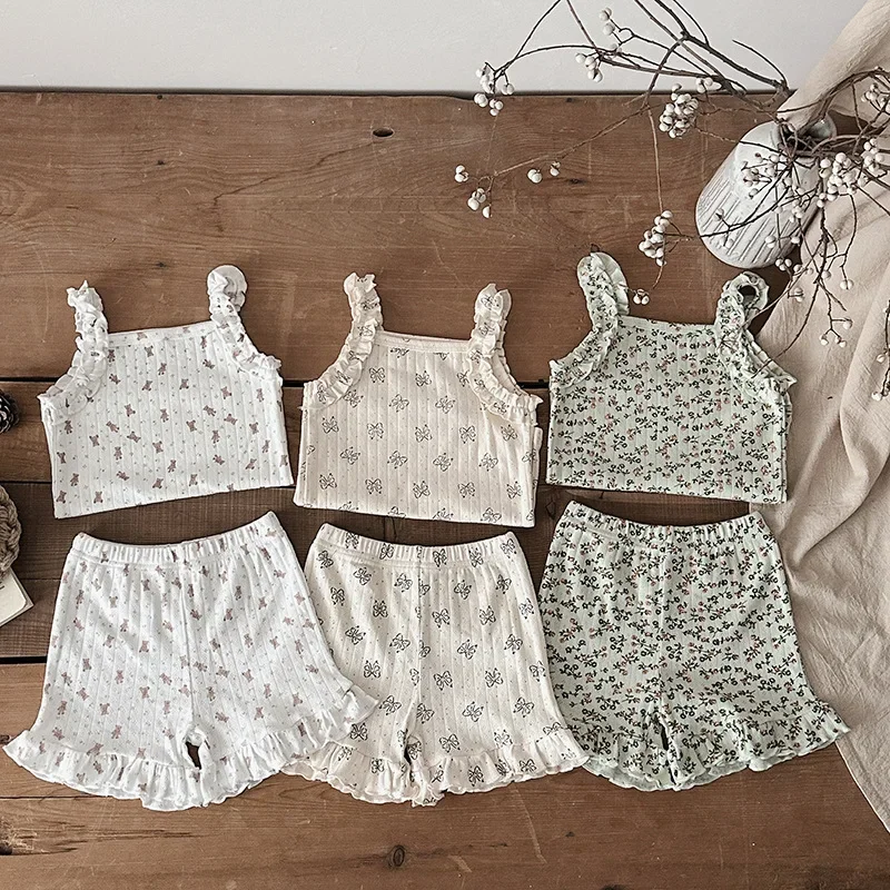 2025 verano 2 uds coreano con volantes sin mangas de punto con tirantes conjunto de ropa Floral para 0-4 años 100% algodón elegante correas chaleco traje - imagen 2