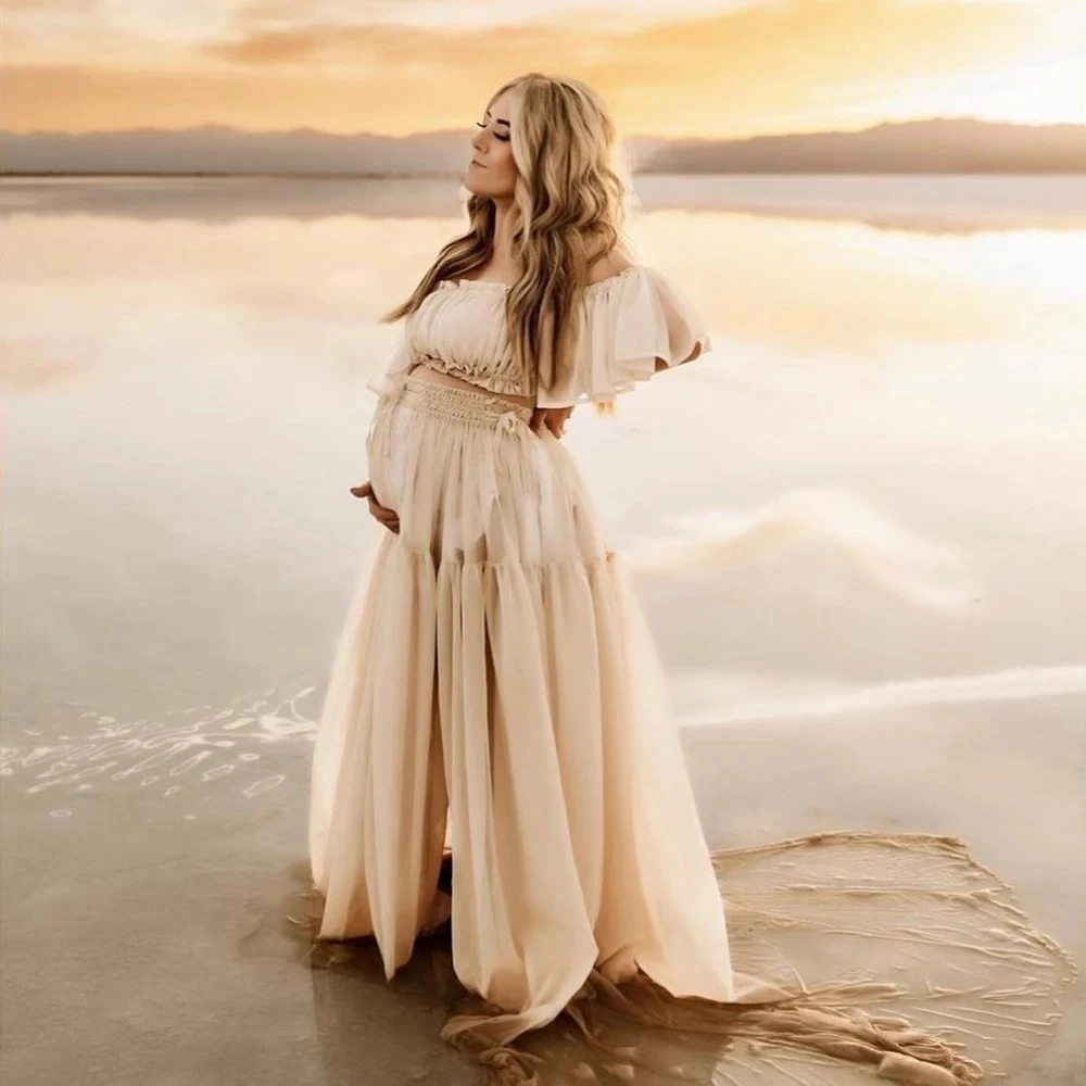 Vestido maternity largo de gasa con volantes – Hombros descubiertos - imagen 5