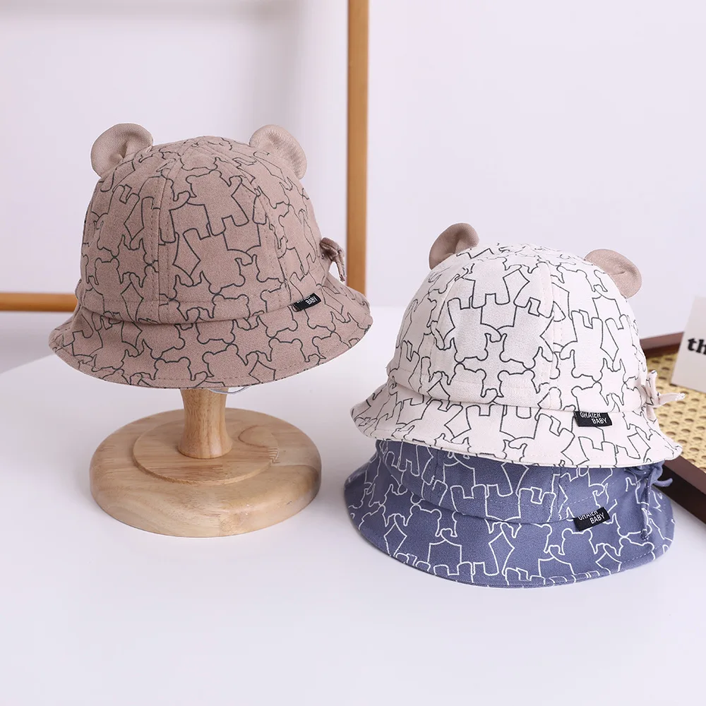 Sombrero con forma de cubo para bebé de 3 a 12M, nueva primavera, sombrero con sombrilla para niños y niñas, bonito estampado de oso de dibujos animados, sombrero de verano para niños al aire libre, gorra de pesca