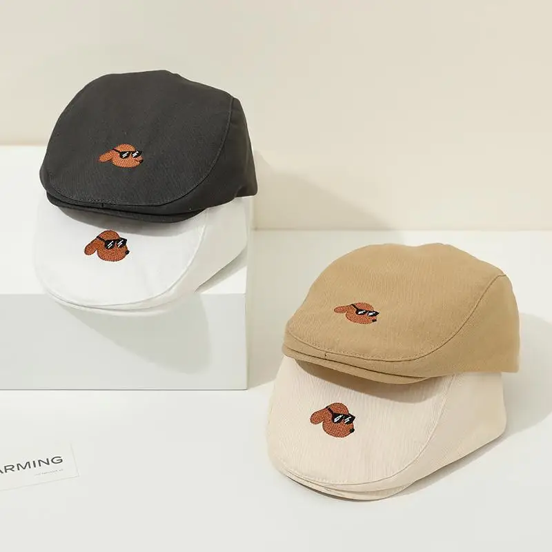 Boina coreana para bebé, sombrero con bordado de perro de dibujos animados, sombreros para niños y niñas, sombrero infantil Vintage a la moda, accesorios ajustables para niños - imagen 2