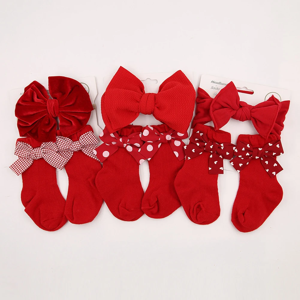 3 unids/set Navidad lazo rojo diademas para bebé calcetines largos hasta la rodilla punto a cuadros corazón estampado arco 0-12M calcetín terciopelo bala Nylon regalo de Año Nuevo