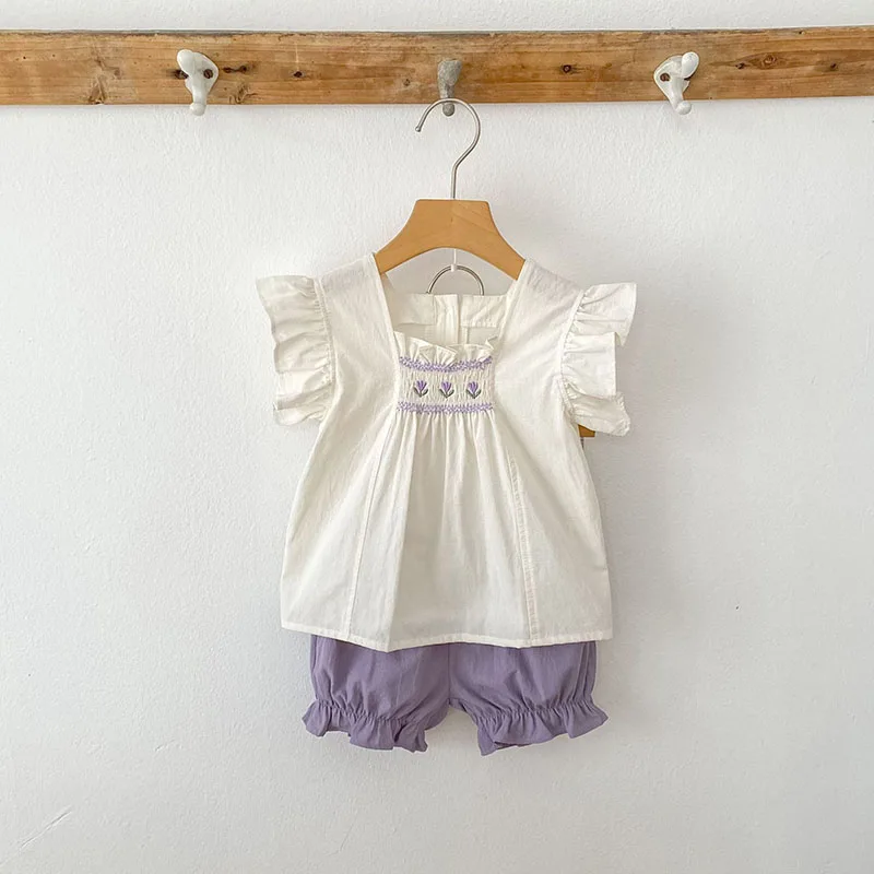 Conjunto de ropa de verano para niñas pequeñas, camisa y pantalones cortos con bordado de flores para niñas de 0 a 24 meses, traje fino y cómodo, 2 uds. - imagen 3