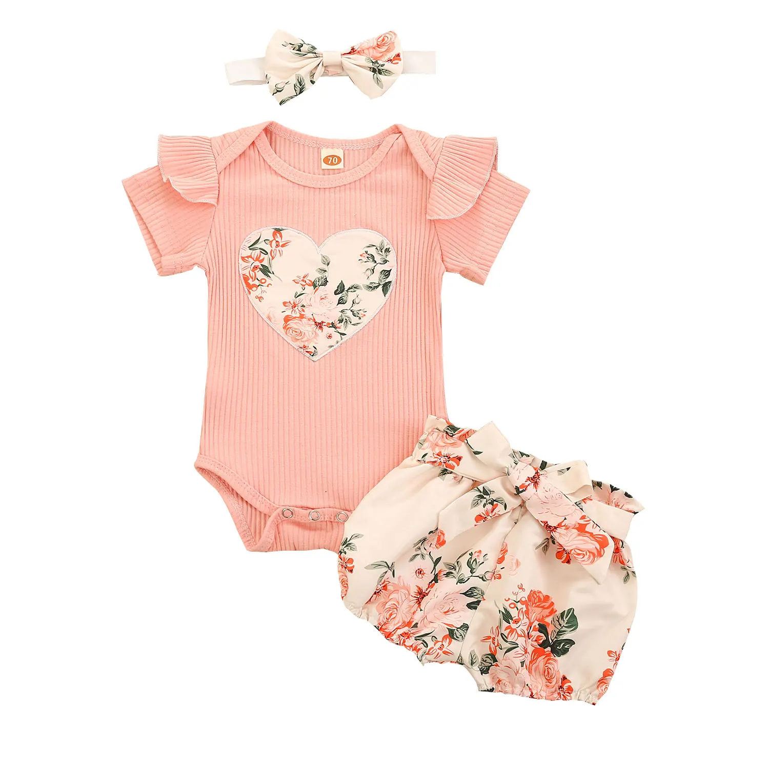 Conjunto mameluco acanalado con volantes y pantalón floral para niña