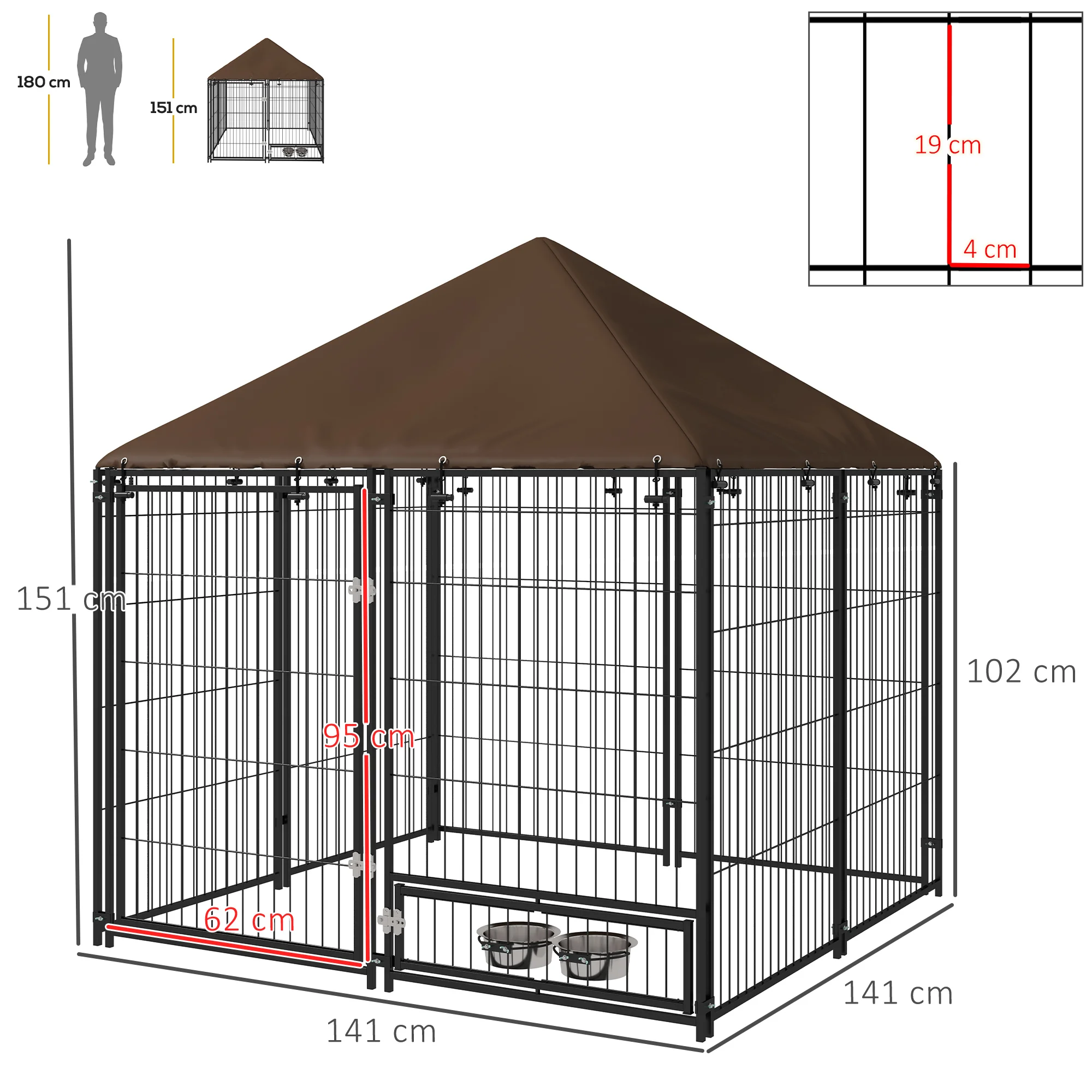 PawHut Perrera con Toldo Parque para Perros Metálica de Exterior con Soporte Giratorio para Comida 2 Cuencos para Patio Jardín Terraza 141x141x151 cm Negro - imagen 3