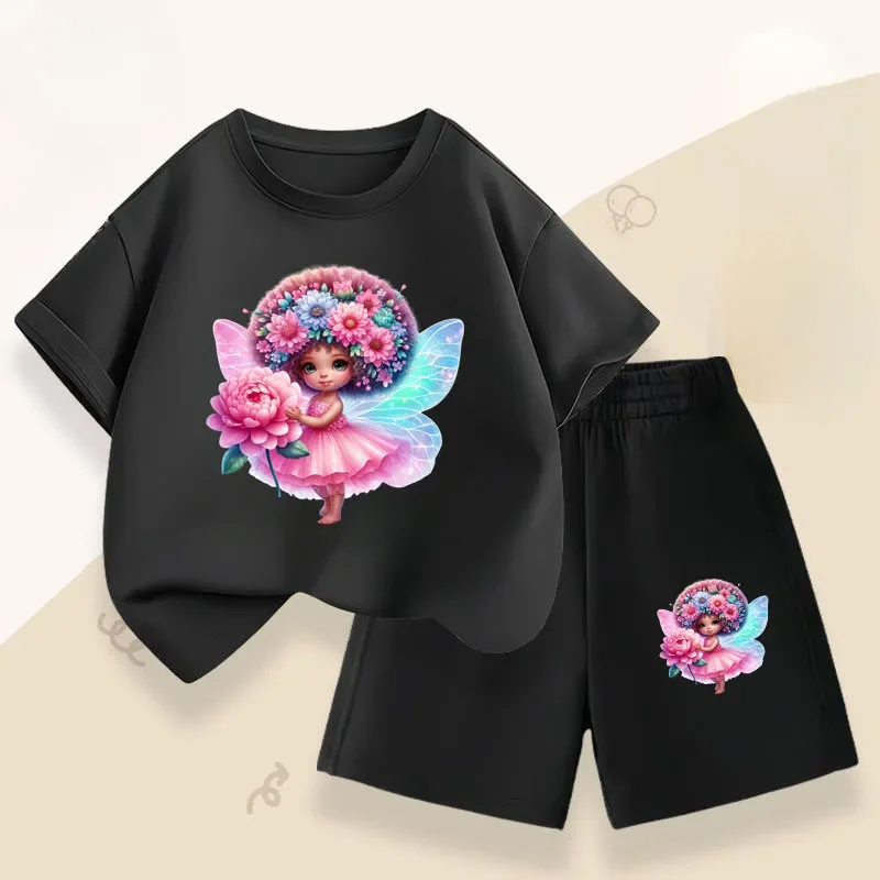 Rose Angel Girl, novedad de verano, Top de manga corta, pantalones cortos, conjunto de dos piezas, trajes informales transpirables para niños, trajes de playa para niños - imagen 4