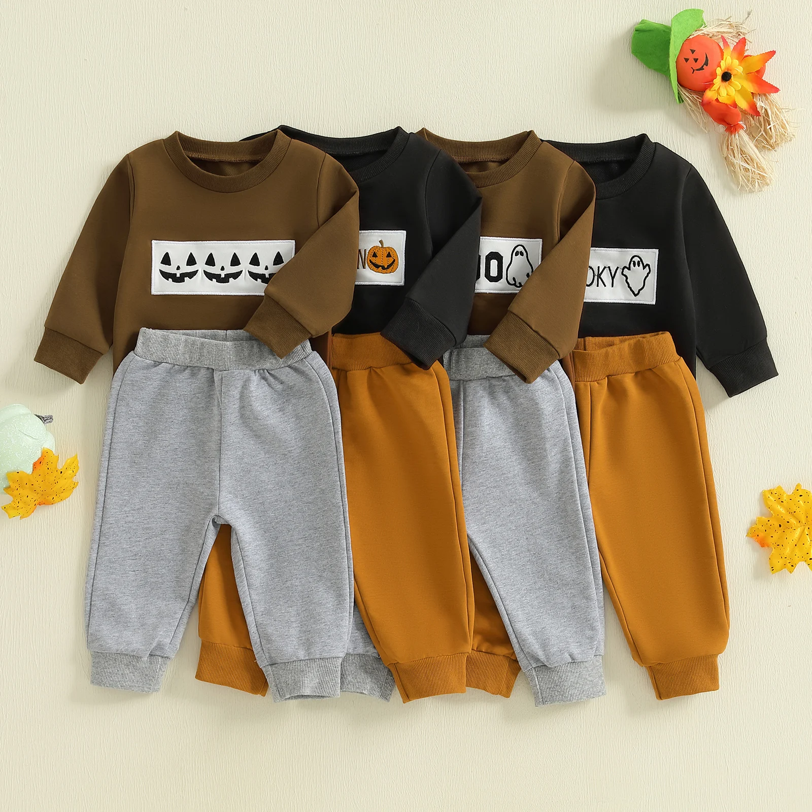 VISgogo Ropa de Halloween para niño pequeño, jersey de manga larga con bordado de calabaza/fantasma, pantalones largos con cintura elástica, traje de otoño de 2 piezas - imagen 2