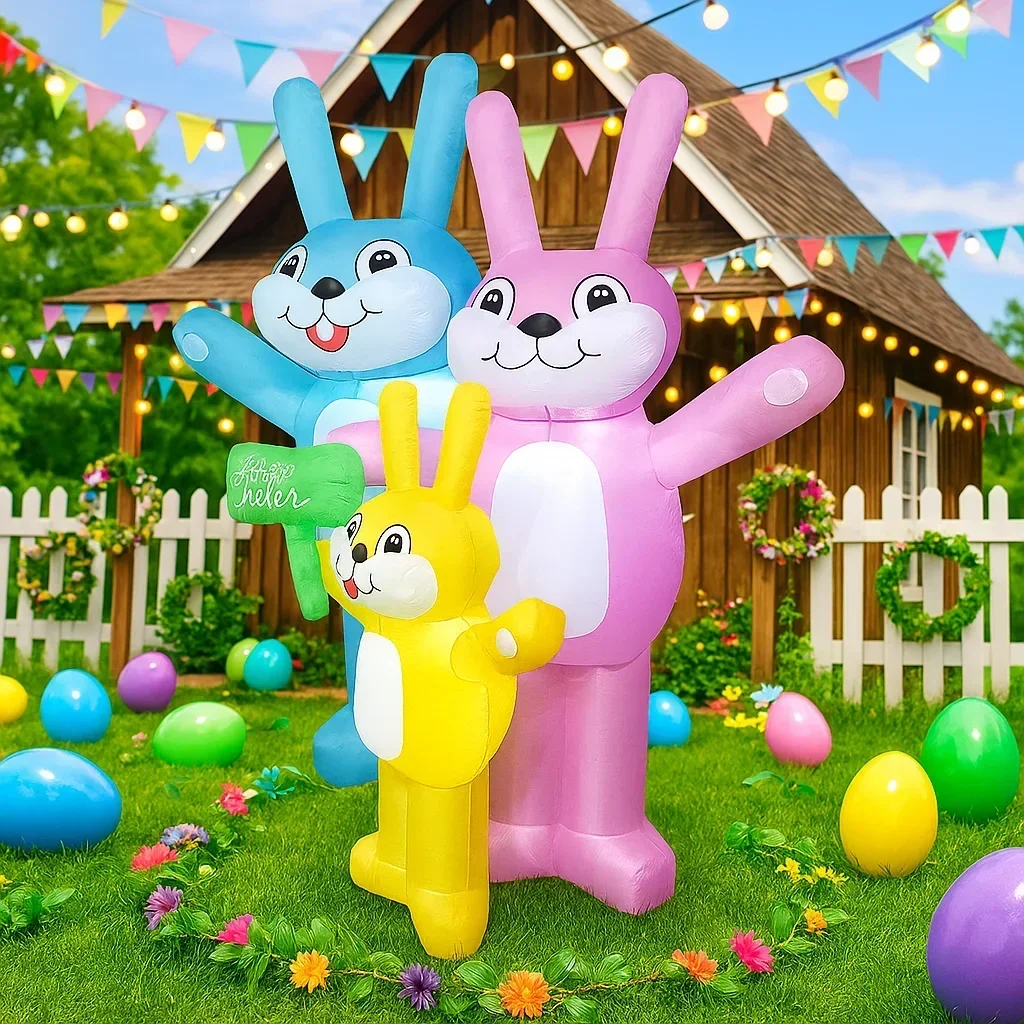 Decoración inflable de Pascua: 3 conejos LED para jardín - imagen 5