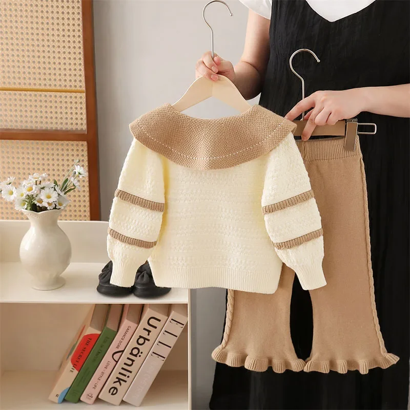 MILANCEL nuevo conjunto de ropa de otoño para niños 2-6T lindo Color bloque tejido niñas suéter + Pantalones solapa grande prendas de vestir sueltas para niños 2 uds - imagen 4