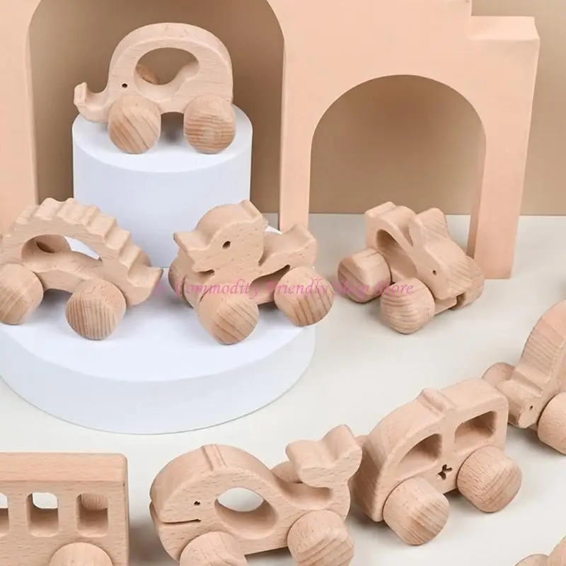 Coche de madera natural con animal – Juguete de empuje infantil - imagen 3