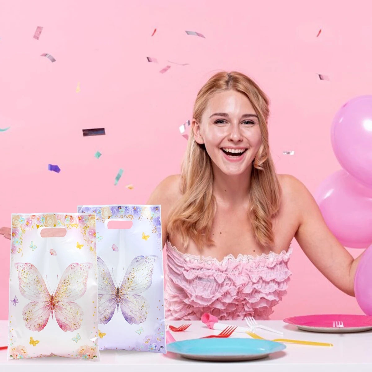 Bolsa de regalo de dulces de plástico con mariposa rosa y púrpura, decoración para fiesta de cumpleaños, suministros para fiesta de bienvenida al bebé, boda, cumpleaños, 10/24/50 Uds. - imagen 5