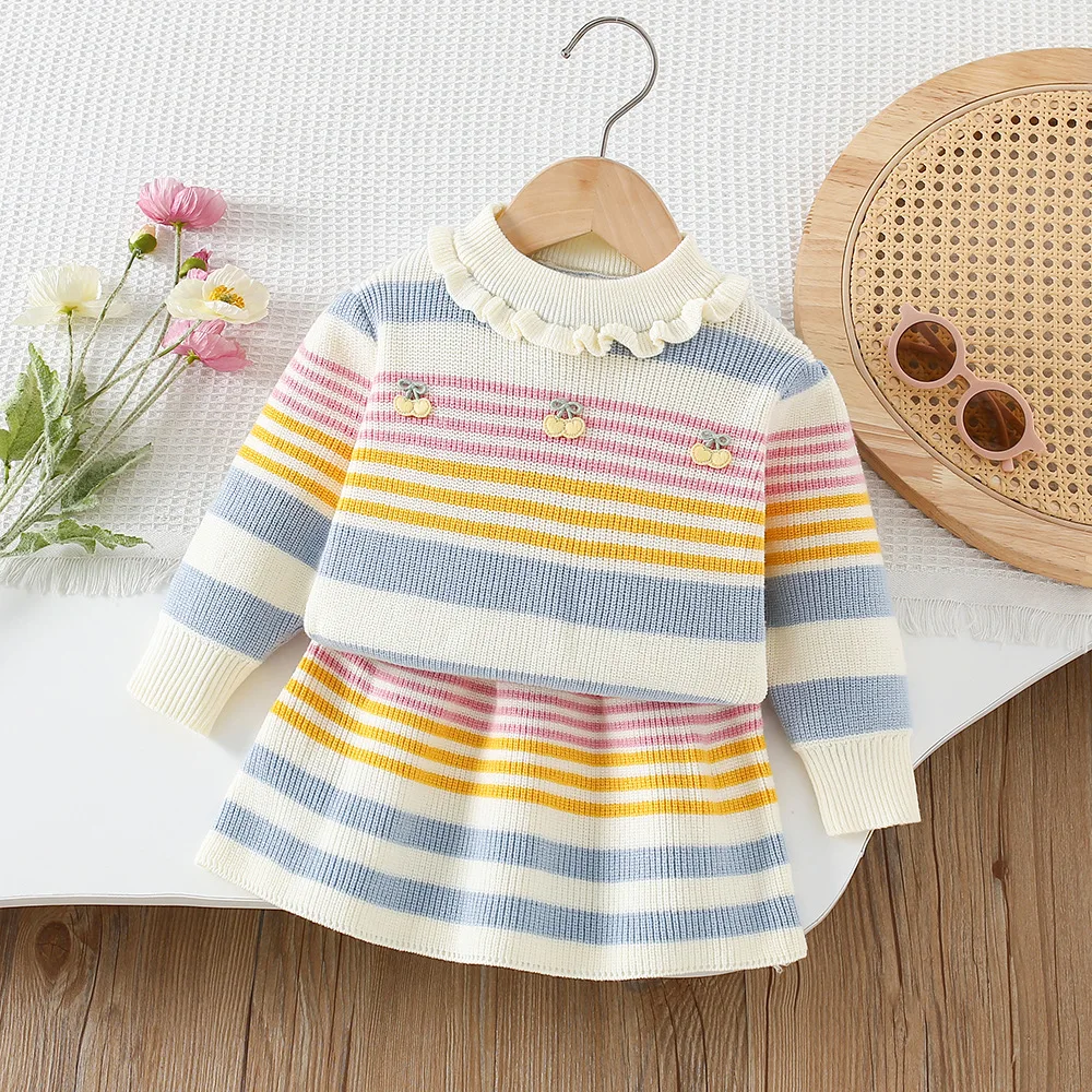 Otoño nuevo conjunto de ropa para niñas jersey de punto a rayas y falda de punto 2 uds traje de suéter para niñas traje de punto para niñas - imagen 3