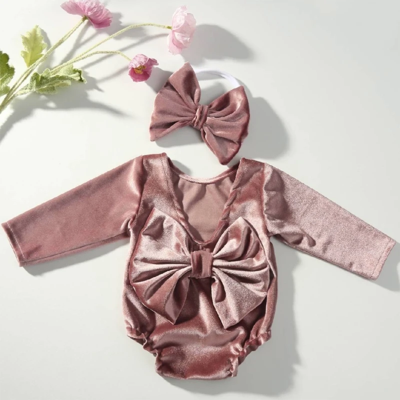 Pelele de terciopelo para recién nacido, accesorios para fotos de recién nacido, conjunto de diadema para niña, ropa para sesión de fotos infantil - imagen 4