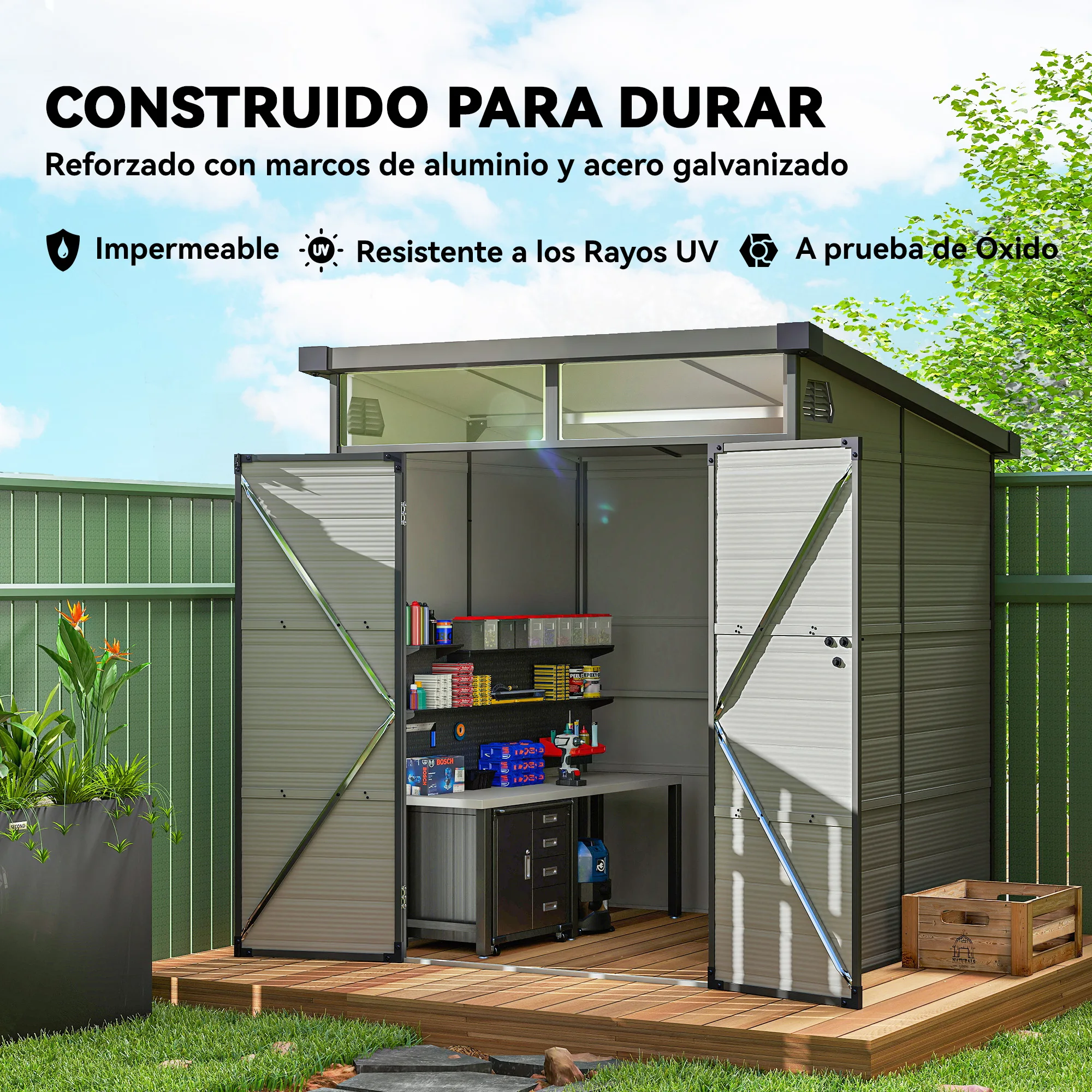 Outsunny Caseta de Jardín Exterior, 3,24 m², 190x191x215 cm, Cobertizo de Jardín Exterior, Puerta Corredera con Pestillo, Ventana y Ventilación, para Almacenamiento de Herramientas, Gris Claro - imagen 5