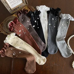 Calcetines altos para niñas con borlas de diamantes y encaje satinado