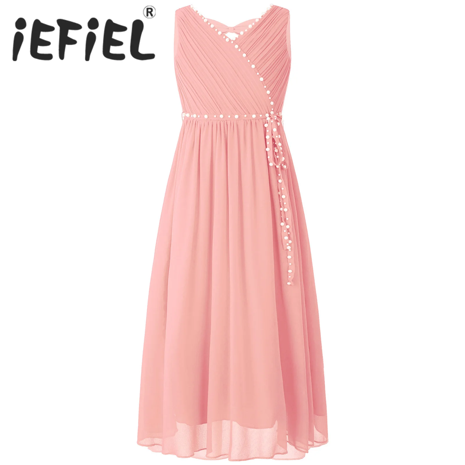 Vestido de flores para niñas, elegante vestido de fiesta de gasa con cuentas de verano, vestido fruncido con cuello en V sin mangas con lazo recortado para boda de dama de honor