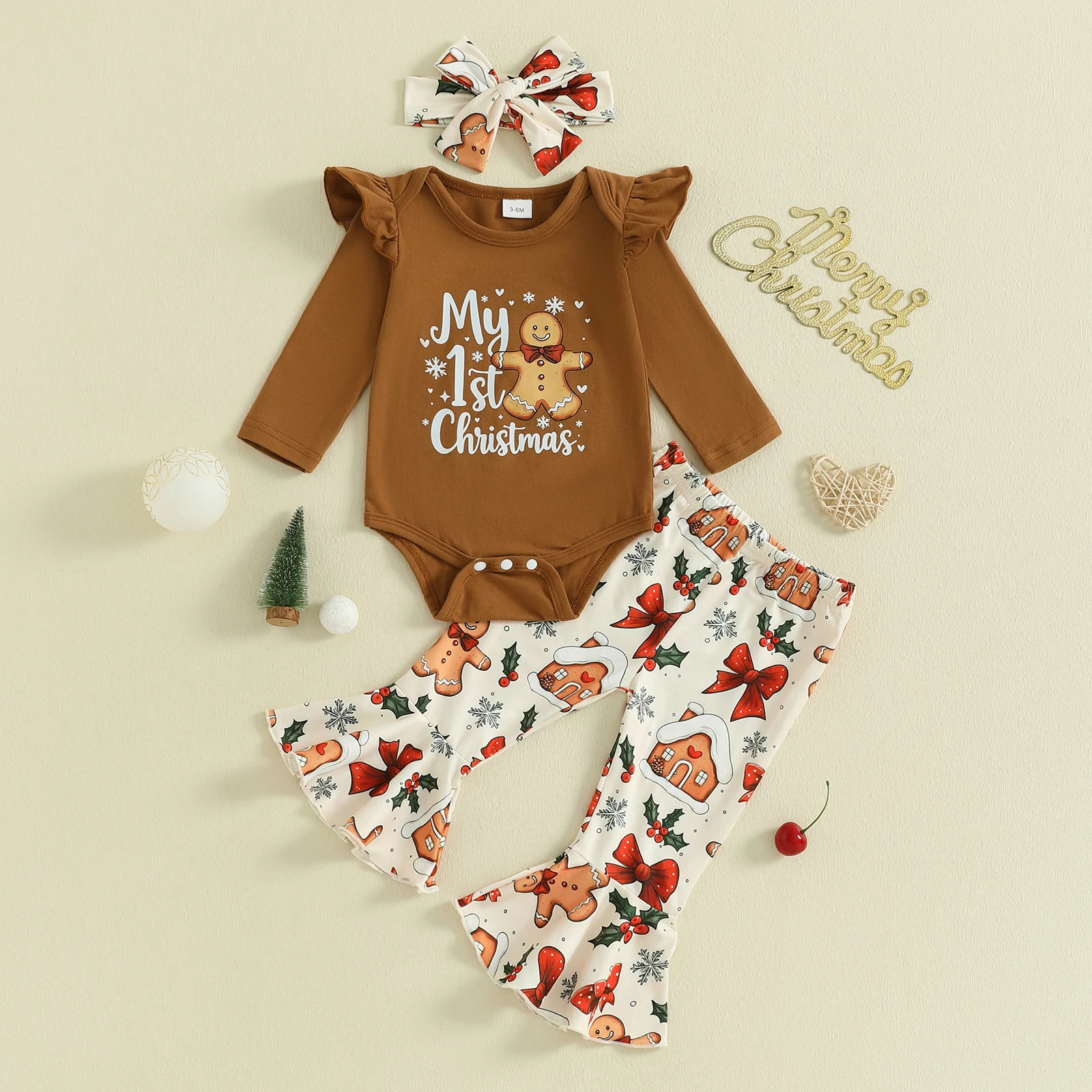 Conjuntos de pantalones navideños para niñas de 0 a 18 meses, pelele con estampado de letras y cuello redondo de manga larga, pantalones con estampado de pan de jengibre, conjuntos con diadema