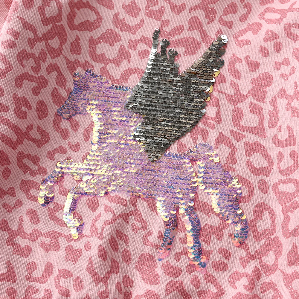 DXTON Sudadera con lentejuelas y estampado de leopardo rosa para niñas - imagen 2