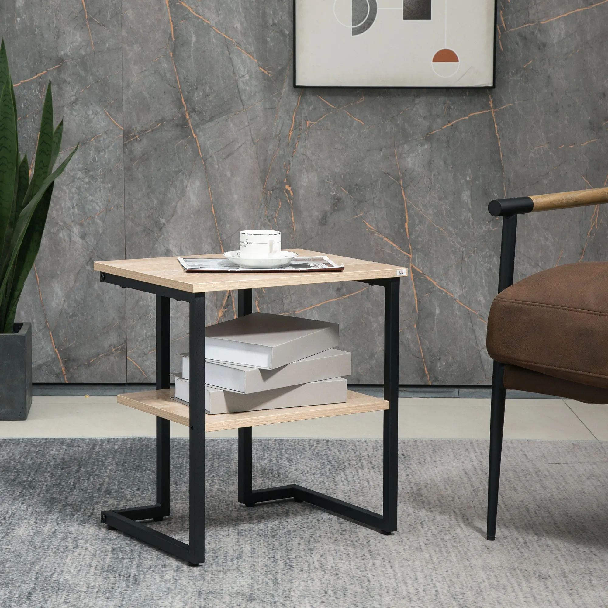 HOMCOM Mesa Auxiliar de 2 Estantes Mesita de Salón para Dormitorio Estudio Oficina Estilo Moderno 45x35x48 cm Natural - imagen 2