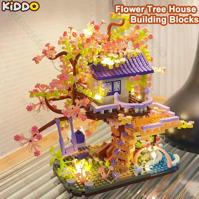 Bloques de construcción de casa de árbol de flores, modelo ensamblado DIY, ladrillos de micropartículas, juguete educativo para niñas, juego de ocio para adultos, regalos de navidad