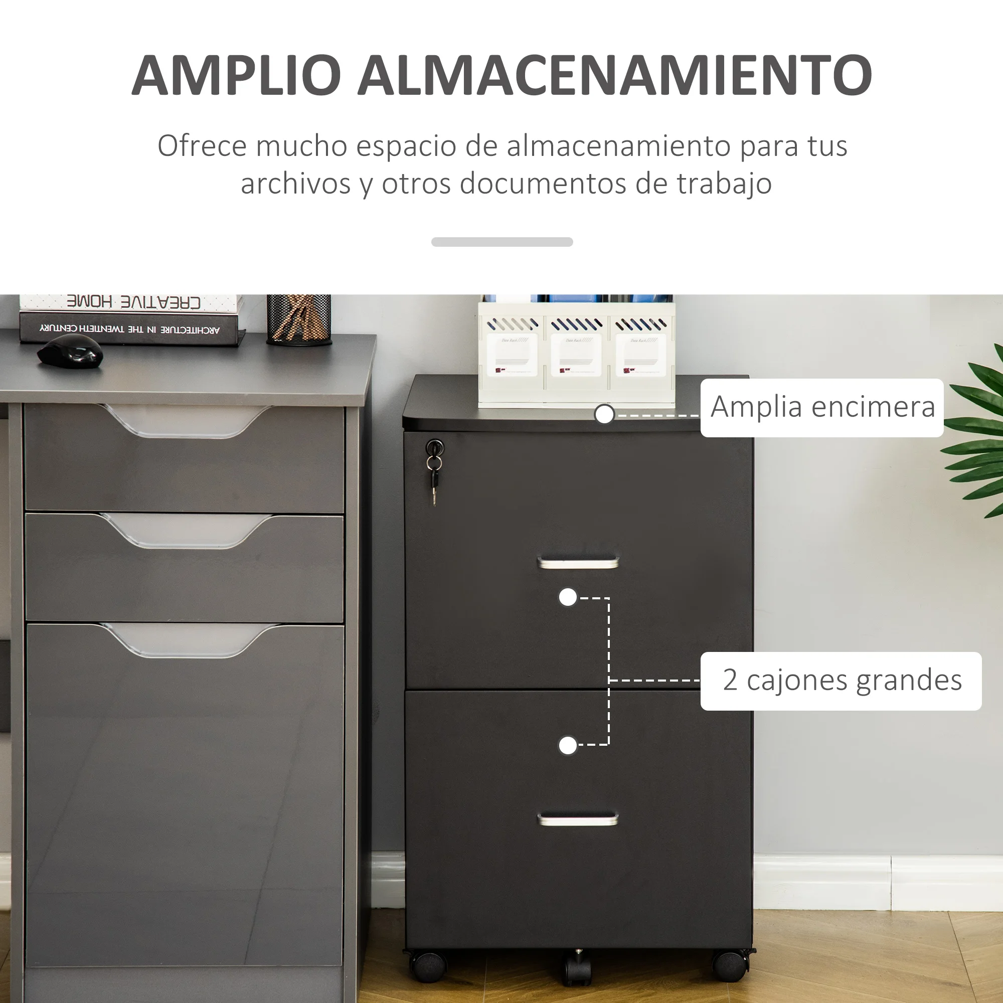 Vinsetto Cajonera de Oficina Mueble Auxiliar para Archivos con 2 Cajones Cerradura de 2 Llaves 5 Ruedas para Tamaño Carta A4 para Estudio Despacho Dormitorio 43x45x72 cm Negro - imagen 5
