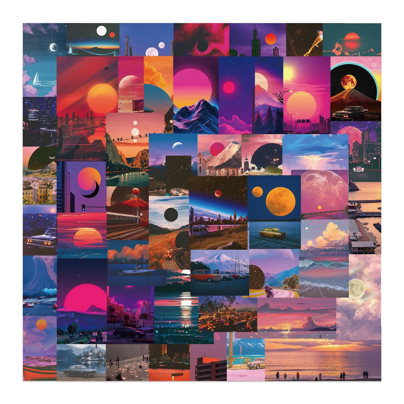 Juego de 50 piezas de pegatinas impermeables con grafiti de paisaje de puesta de sol de dibujos animados, casco para ordenador portátil, taza de agua, equipaje, calcomanías decorativas de moda - imagen 2