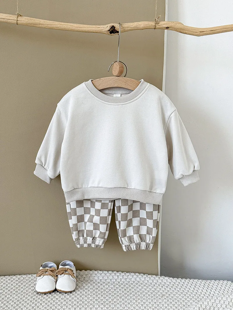 MILANCEL-traje informal para niños pequeños, 2 uds., sudadera con capucha de Color sólido + pantalones con patrón de tablero de ajedrez, conjunto de ropa holgada coreana para bebés de 6M-3Y - imagen 2