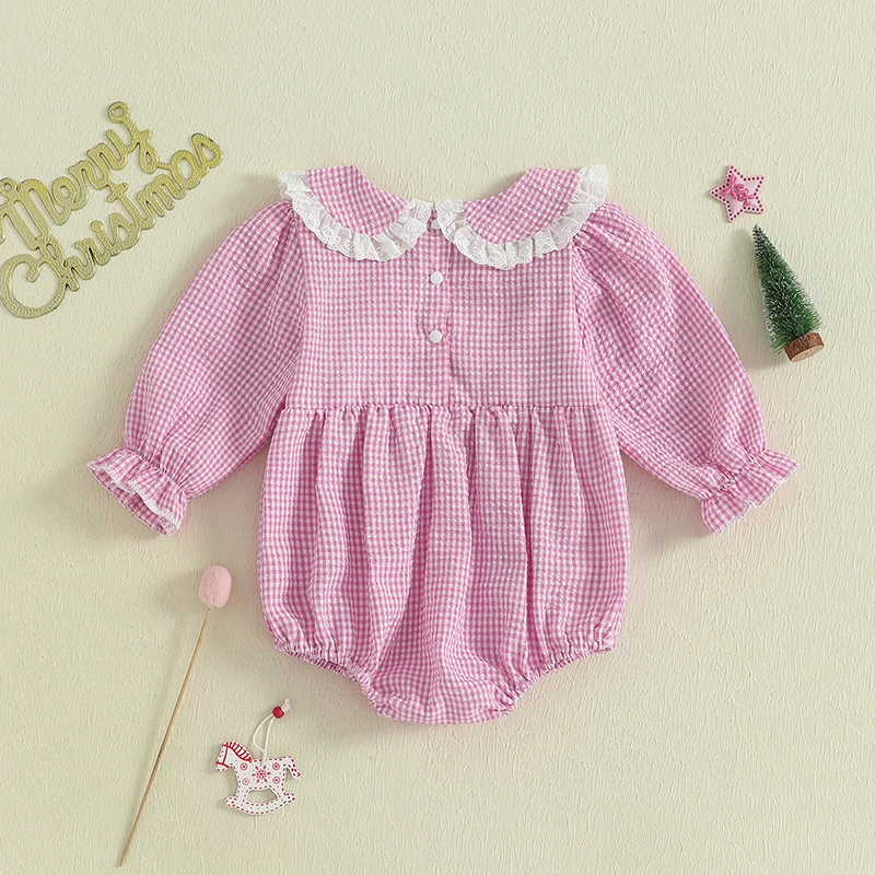 Pelele de primavera y otoño para niñas de 0 a 18 meses, mono con cuello de muñeca de manga larga con bordado de lazo y estampado a cuadros - imagen 3