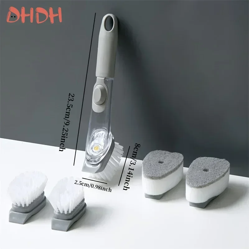 Cepillo para olla de lavado con mango largo, cepillo de limpieza líquida recargable, antiadherente, para añadir líquido y aceite, tipo prensa específica para cocina - imagen 2