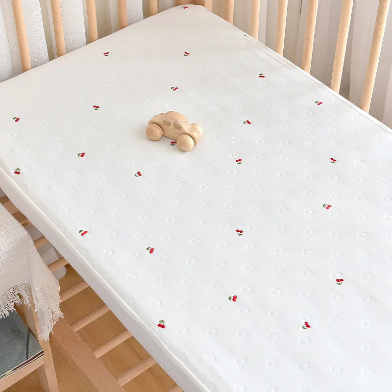 Sábana bajera para cuna de bebé, Sábana bordada con conejito de oso para niños, Funda protectora de colchón de muselina de algodón de 6 capas, tamaño personalizado - imagen 4