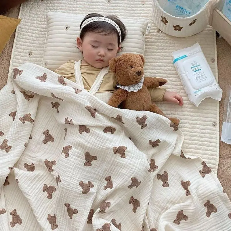 Manta de muselina con estampado de oso para bebé, funda transpirable para cochecito de bebé, manta envolvente de gasa de algodón, ropa de cama, Toalla de baño infantil - imagen 4